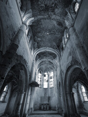 wide angle view inside of abandoned cathedral in vintage style
