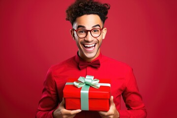 Happy Young Man Holding a  Christmas or Valentines Day Holiday Present on a Red Background with Space for Copy