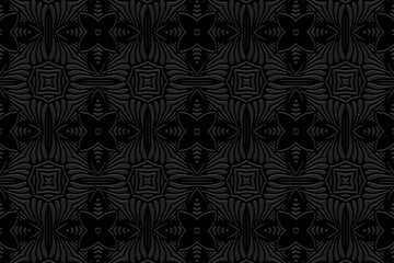 Fototapeta na wymiar Embossed fashionable black background, cover design. Ornamental boho style, handmade. Geometric ethnic elegant 3D pattern. Arabesques of the East, Asia, India, Mexico, Aztec, Peru.