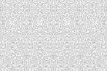 Embossed elegant white background, cover design. Ornamental boho style, handmade. Geometric ethnic 3D pattern. Arabesques of the East, Asia, India, Mexico, Aztec, Peru. 