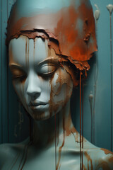 Anxiety is the rust of life that eats away like corrosion at your spirit and stains your soul - deeply emotional portrait portraying great sadness and emotional hurt - red hair model covered in paint 