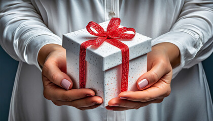 Female hands holding a gift tied with a bow. Theme of giving gifts during Christmas