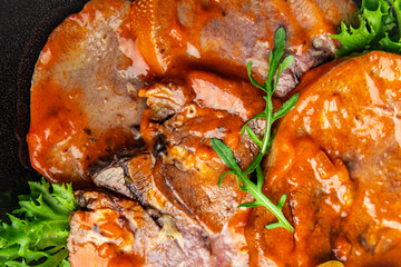 tongue food beef tomato hot sauce fresh eating meal cooking snack on the table copy space food background rustic top view