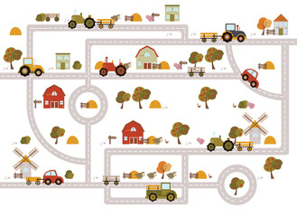 Farm map with roads, farmers, barn, country house, animals, tractor, windmill, hay stacks, fruit, vegetables, beehive, trees. Cute flat garden illustration