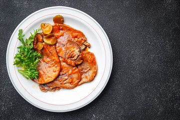 tongue food beef tomato hot sauce fresh eating meal cooking snack on the table copy space food background rustic top view