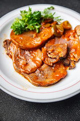 tongue food beef tomato hot sauce fresh eating meal cooking snack on the table copy space food background rustic top view