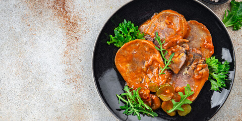 tongue food beef tomato hot sauce fresh eating meal cooking snack on the table copy space food...