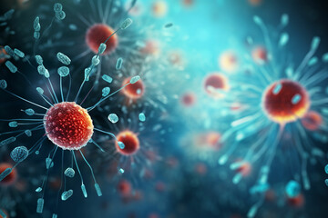 Fototapeta premium Covid-19 testing abstract made of magnifier and bacteria model.