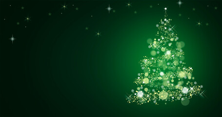 Illustration of Christmas tree and defocus lights on dark green background with copy space. 