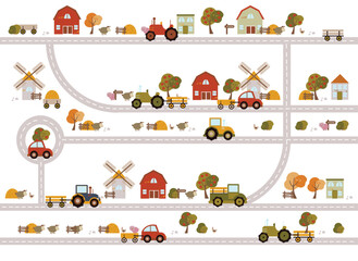 Farm map with roads, farmers, barn, country house, animals, tractor, windmill, hay stacks, fruit, vegetables, beehive, trees. Cute flat garden illustration