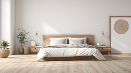 a bedroom with a white wall and a wooden floor and a double bed and a white bedspread and two nightstands  - obrazy, fototapety, plakaty