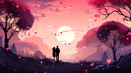 Unearthly romance, a couple in love on a walk against the backdrop of tender hearts, conveying the essence of the charm of Valentines Day.