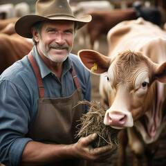 Granjero con un sombrero dando de comer a una vaca