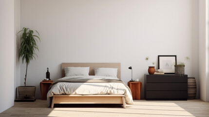 a bedroom with a white wall and a wooden floor and a double bed and a white bedspread and two nightstands