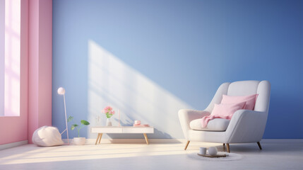 a bedroom with a pink wall details and a white bed and a armchair