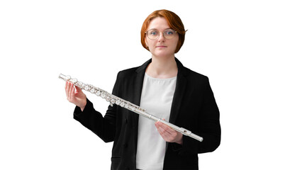 A music teacher holds a flute against an empty blackboard, isolated on a white background. Learning...