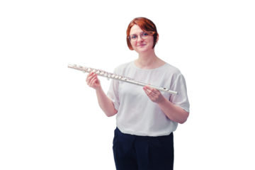 A female music teacher is standing at the blackboard, isolated on a white background