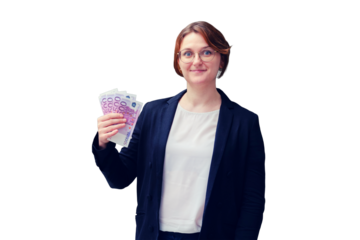 Woman teacher stands at the blackboard with money in euros, copy space for text, isolated on a white background