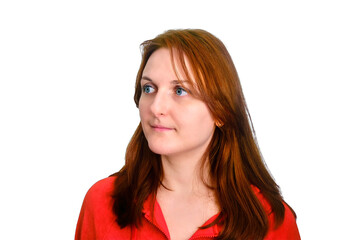 Portrait of a red-haired woman 35 years old, isolated on a white background