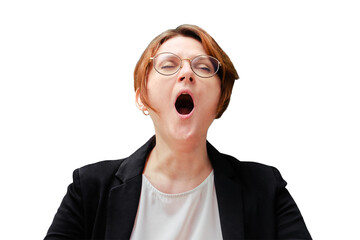 Woman yawns at the teacher desk, isolated on a white background. Concept of boring learning at school and holding lessons.