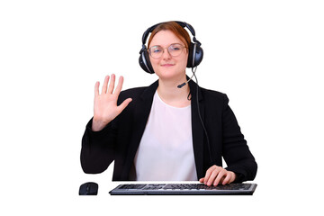 Laptop camera captures a caucasian woman in a black suit, chat interface for video calls, isolated on a white background. Woman in greeting to an online conference for remote work via the Internet