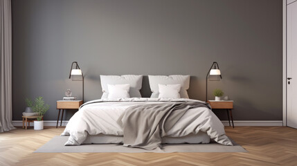 a bedroom with a gray wall and a wooden floor and a double bed and a white bedspread and two nightstands - obrazy, fototapety, plakaty