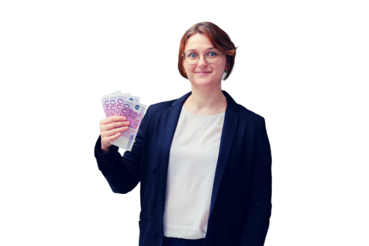 Woman teacher stands at the blackboard with money in euros, copy space for text, isolated on a white background