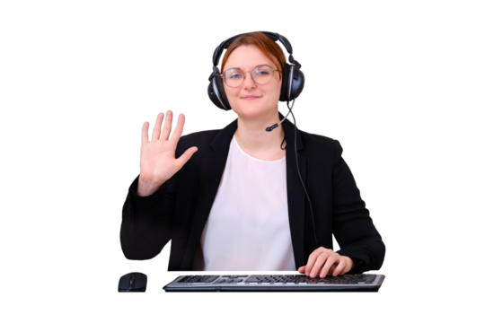 Laptop camera captures a caucasian woman in a black suit, chat interface for video calls, isolated on a white background. Woman in greeting to an online conference for remote work via the Internet