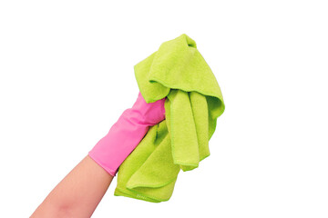 A gloved hand with a green cloth wipes a large window, close-up, isolated on a white background