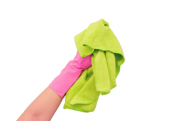 A gloved hand with a green cloth wipes a large window, close-up, isolated on a white background