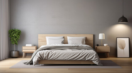 Fototapeta na wymiar a bedroom with a gray wall and a wooden floor and a bed and a white bedspread