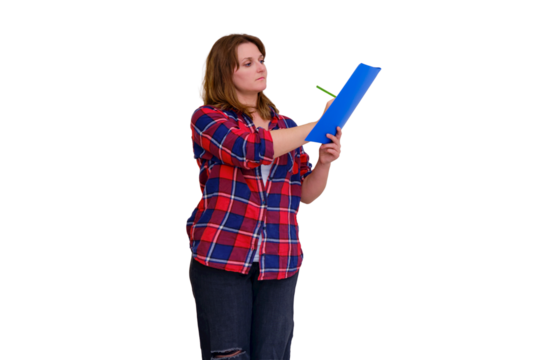 Check of the new house with repair on compliance of conditions of the project, isolated on a white background