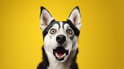 The dog makes a surprised face isolated on yellow background