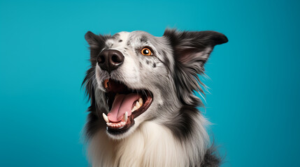 Portrait of an adorable Border Collie smiling isolated on blue wall background.