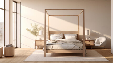 a bedroom with a beige wall and a wooden floor and a four-poster bed and a white bedspread