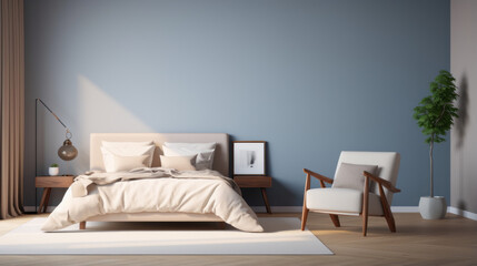 a bedroom with a beige wall and a white bed and a armchair