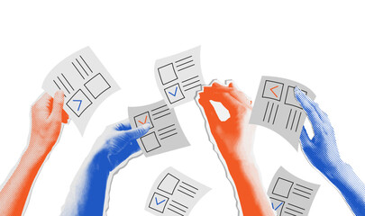 The election voting process, bidding, hands raised up with papers. Sale and buy concept in retro collage halftone style. Isolated vector illustration.