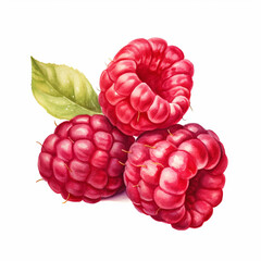 Raspberries with leaf isolated on white background. Watercolour illustration.