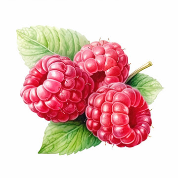 Raspberries with leaf isolated on white background. Watercolour illustration.