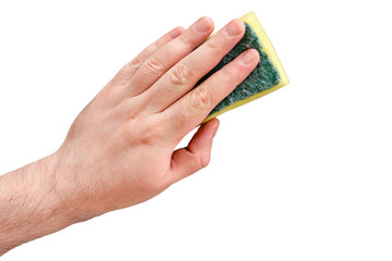 A man hand with a yellow sponge washes, isolated on a white background - obrazy, fototapety, plakaty