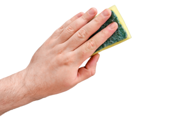 A man hand with a yellow sponge washes, isolated on a white background