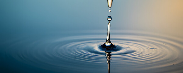 Macro Capture of a Single Water Droplet Creating Ripples on Tranquil Surface - High-Speed Photography, Clarity and Purity Concept