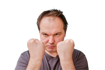Portrait of an angry adult man with a disheveled appearance, isolated on a white background