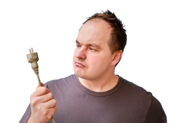 Portrait of disheveled adult man with wire cutters and electrical wire, isolated on a white background