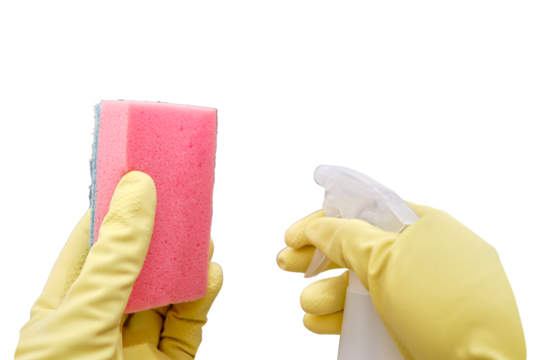 Cleaning in yellow gloves with a rag, isolated on a white background - Powered by Adobe