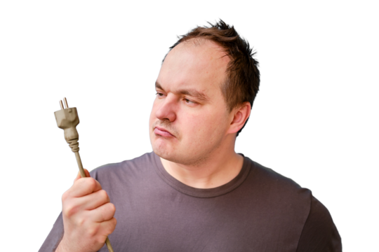 Portrait of disheveled adult man with wire cutters and electrical wire, isolated on a white background