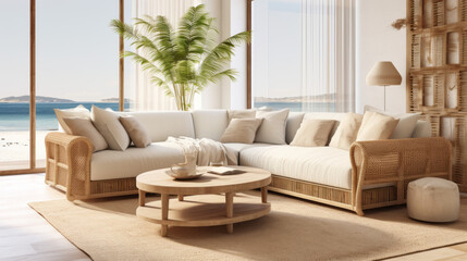 a beach-style living room with a rattan sofa and a glass-top coffee table and a white rug 