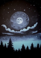 illustrazione di paesaggio notturno con alberi di conifera sotto un cielo stellato illuminato da una luna piena