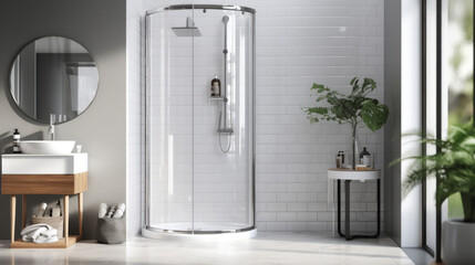 a bathroom with a white tile wall and a tile floor and a white sink and a white shower and a glass...
