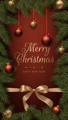 Merry Christmas realistic red and gold balls, pine tree branches, and festive bow ribbons. This elegant design is suitable for holiday cards, invitations, and banners. Not AI generated